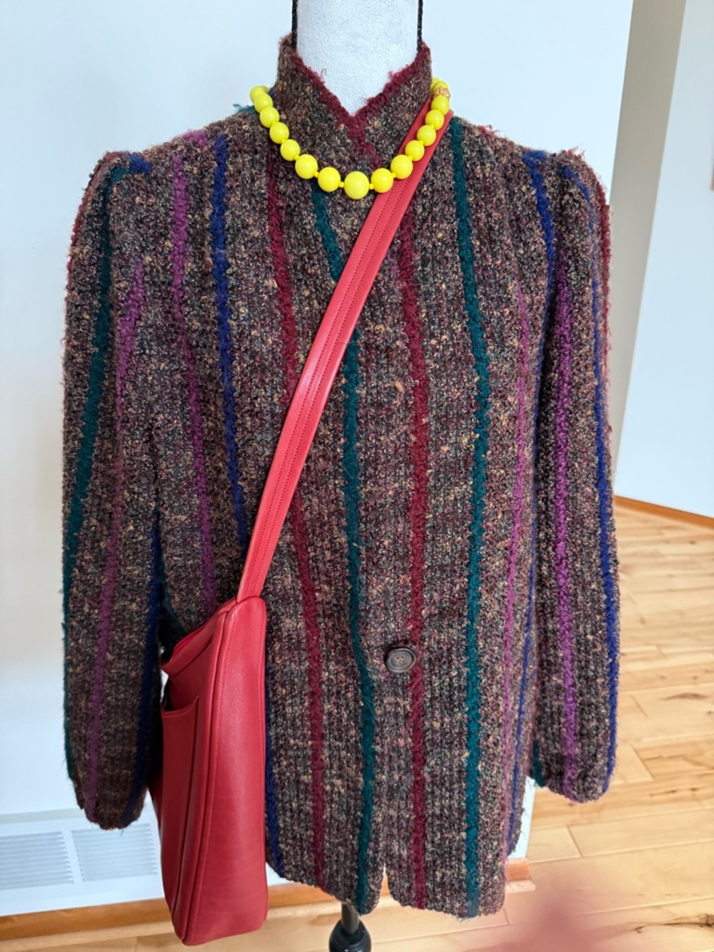 Grandma core Textured Striped Bouclé Jacket with Jewel-Tone Scarf - Picture 7 of 10